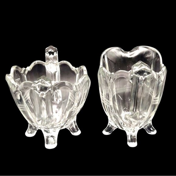 Early American Pressed Glass Floral Etched Creamer & Open Sugar Set EAPG - Picture 5 of 8